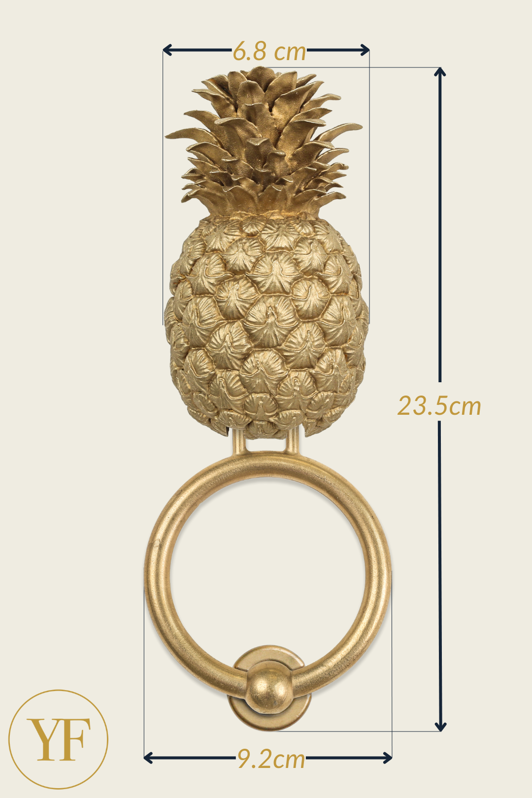Pineapple brass door knocker dimensions: head width, overall height, and 9.2 cm ring