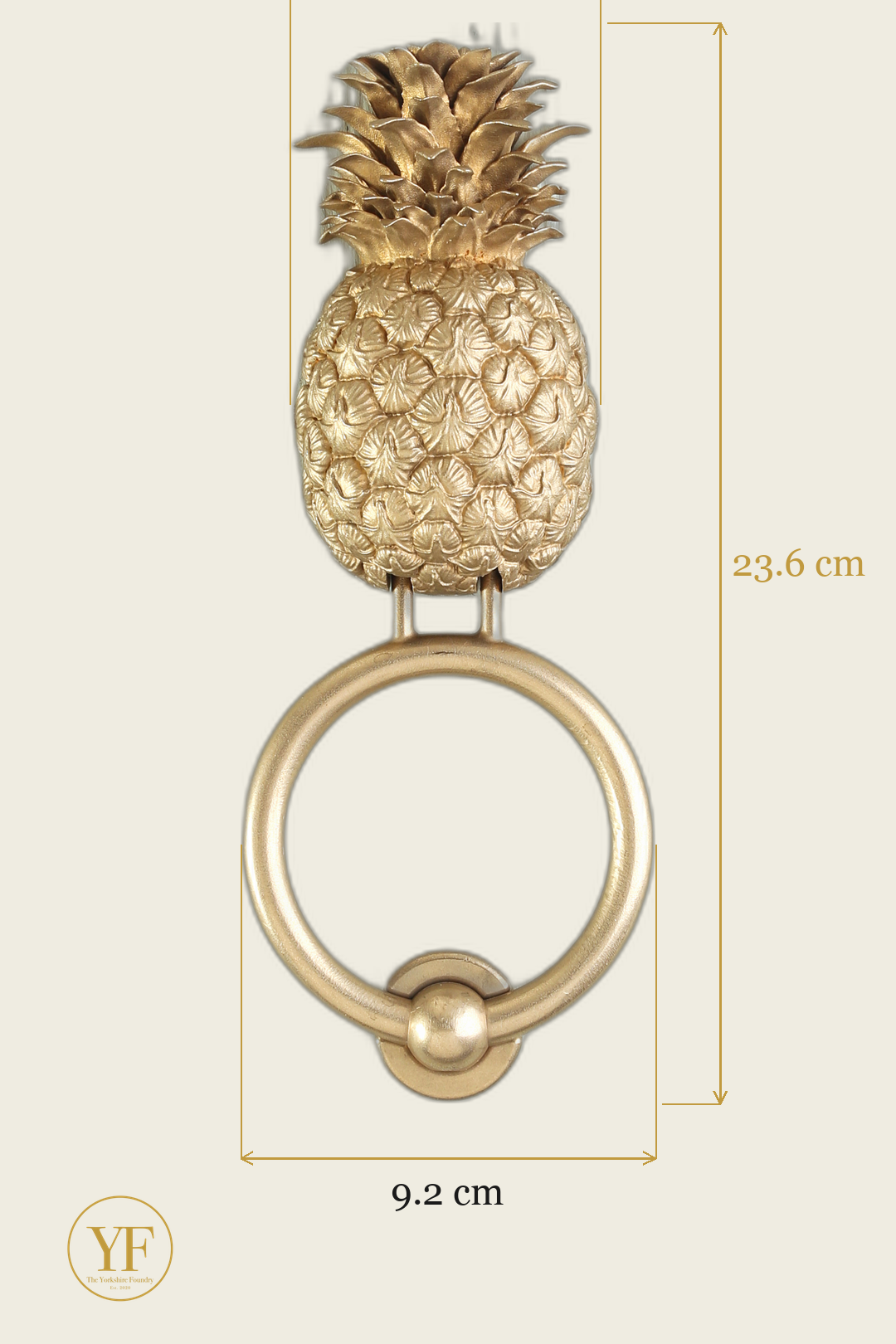 Pineapple brass door knocker dimensions: head width, overall height and 9.2 cm ring