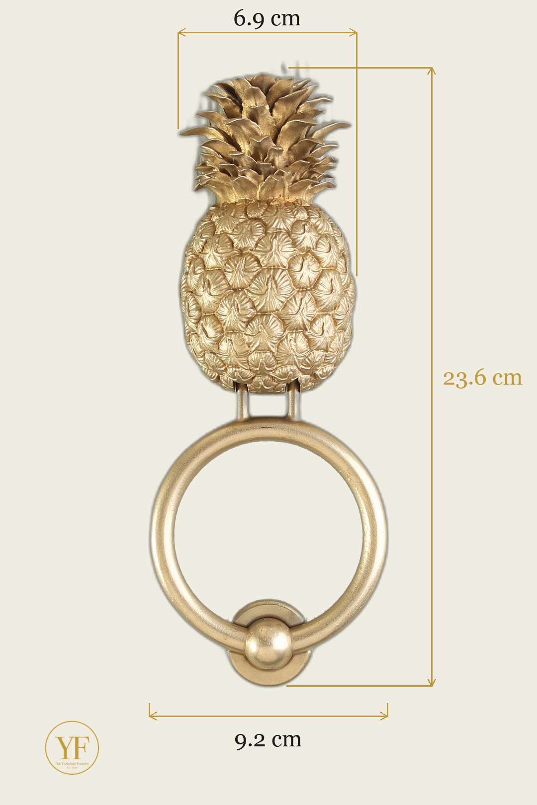 Pineapple brass door knocker dimensions: head 6.9 cm wide, 23.6 cm overall, 9.2 cm ring