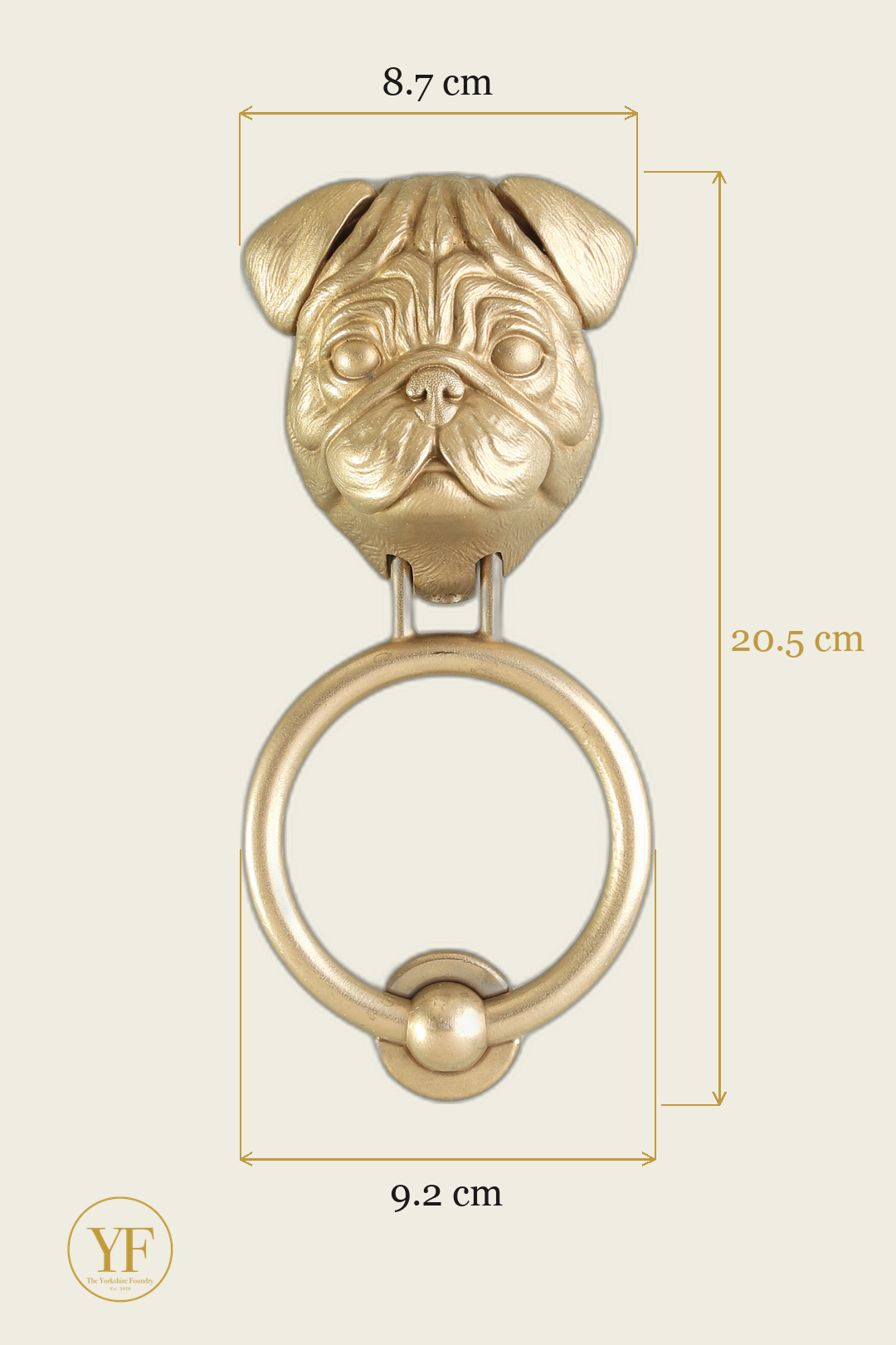 Pug brass door knocker dimensions: head width, overall height and 9.2 cm ring