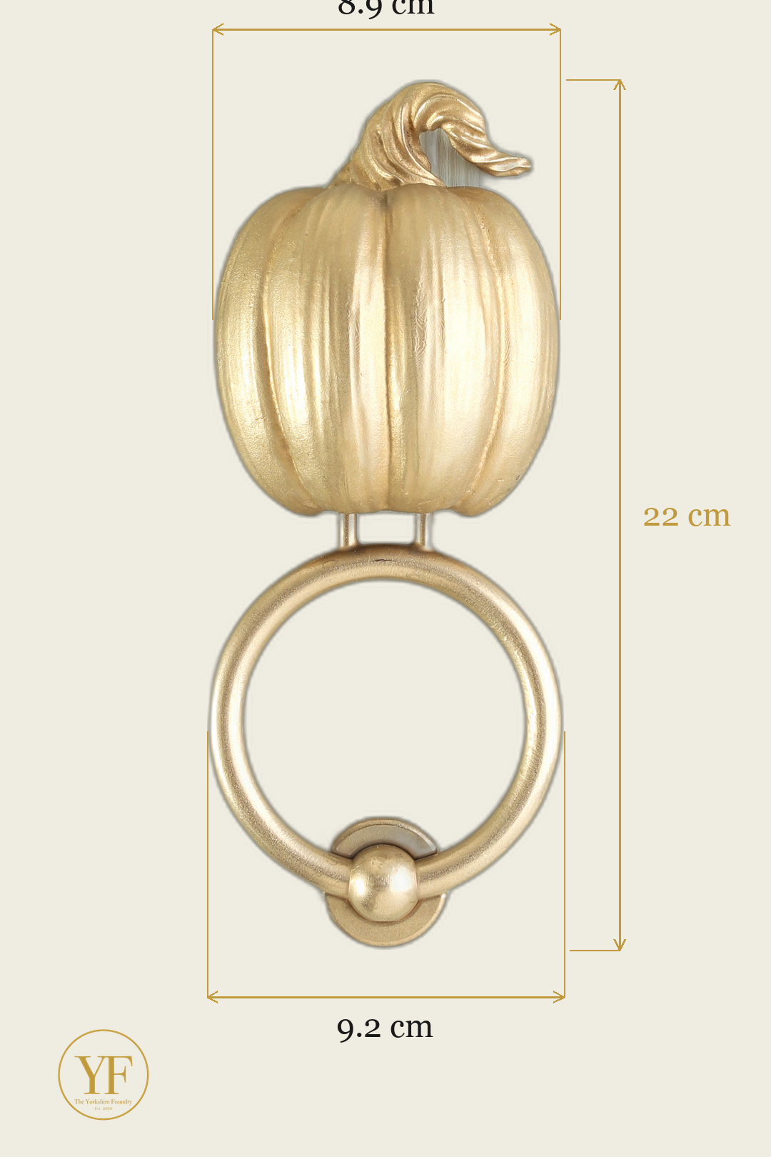 Pumpkin brass door knocker dimensions: head width, overall height and 9.2 cm ring