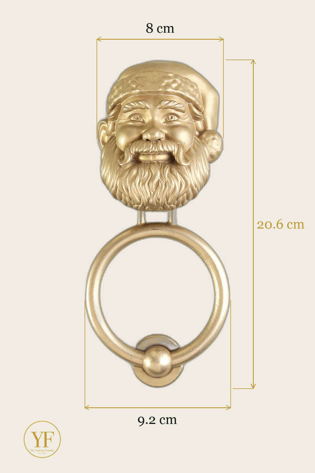 Santa brass door knocker dimensions: head width, overall height and 9.2 cm ring