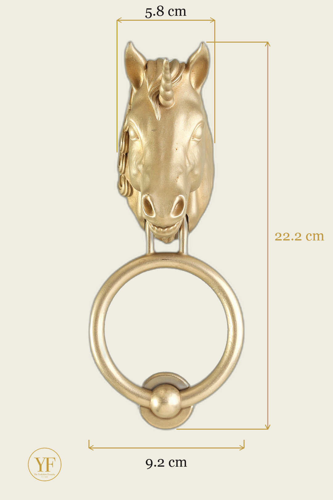 Scottish Unicorn brass door knocker dimensions: head 5.8 cm wide, 22.2 cm overall, 9.2 cm ring