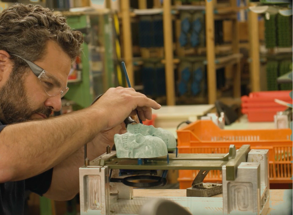 Ben Shaw hand-finishing a wax model at the foundry, part of Yorkshire Foundry’s lost-wax brass casting process.