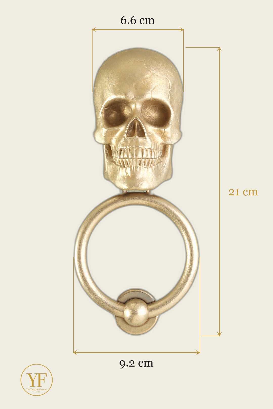 Skull brass door knocker dimensions: head width, overall height and 9.2 cm ring