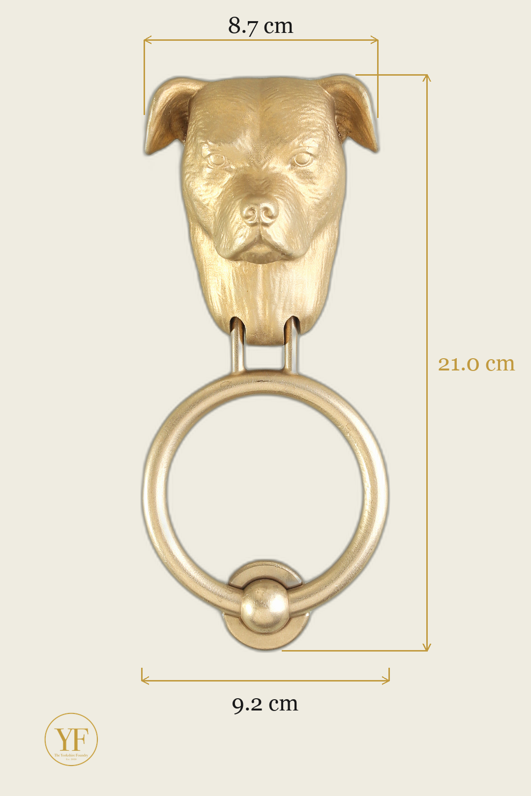 Staffordshire Bull Terrier brass door knocker dimensions: head 8.7 cm wide, 21 cm overall, 9.2 cm ring