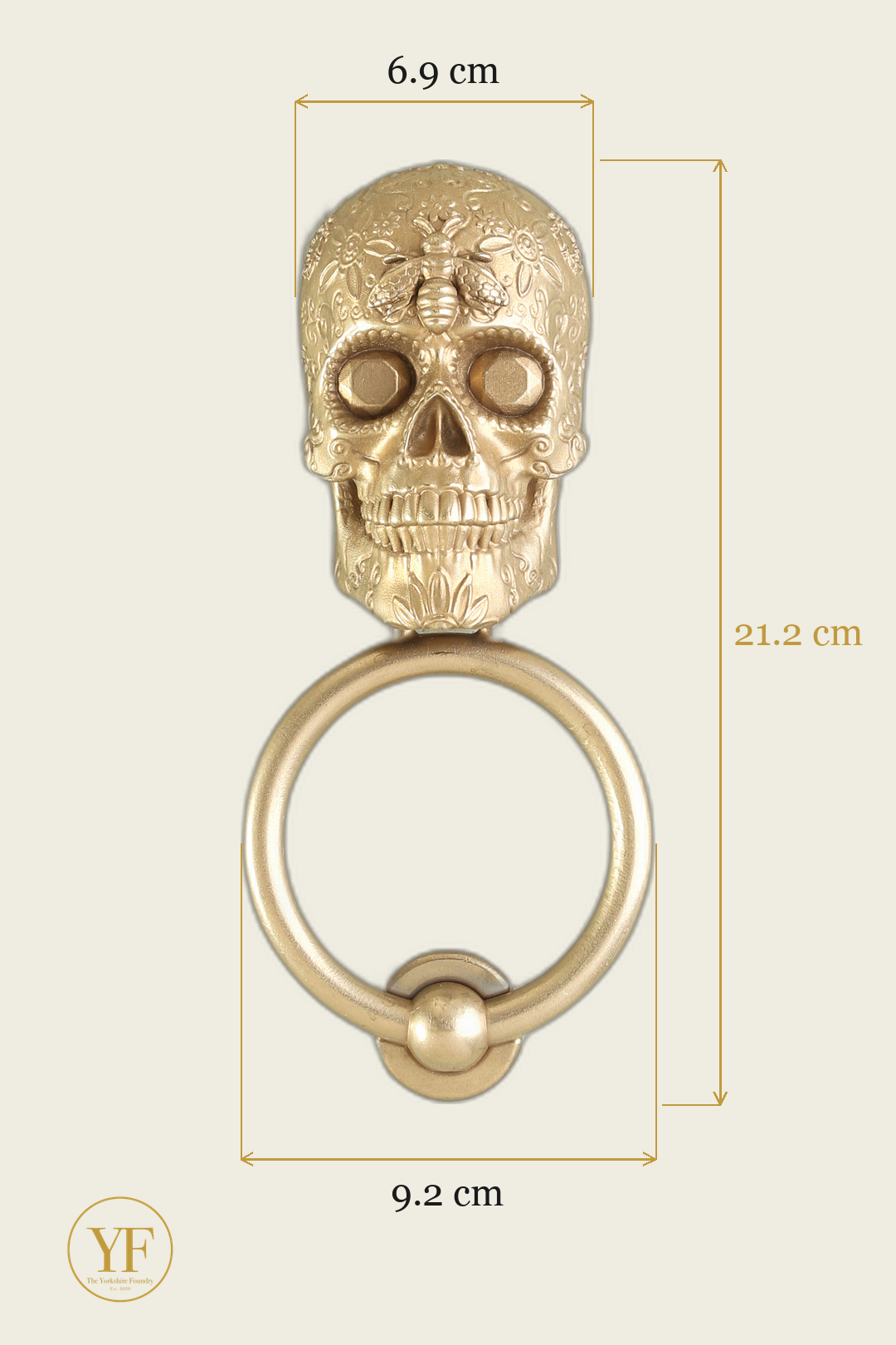 Sugar Skull - Bee and Diamond brass door knocker dimensions: head width, overall height and 9.2 cm ring
