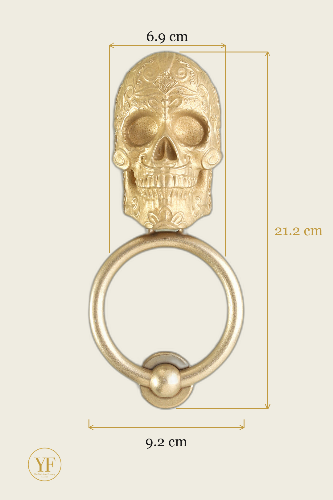 Delicate Scroll Sugar Skull door knocker head dimensions: head 6.9 cm wide, 21.2 cm overall on the standard 9.2 cm ring