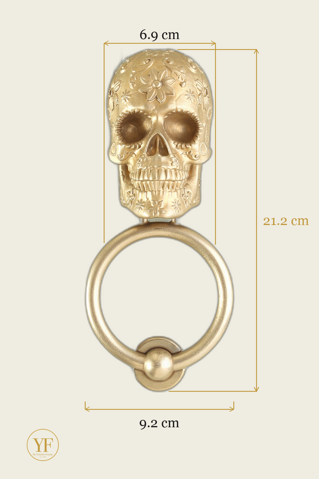 Marigold Sugar Skull door knocker head dimensions: head 6.9 cm wide, 21.2 cm overall on the standard 9.2 cm ring