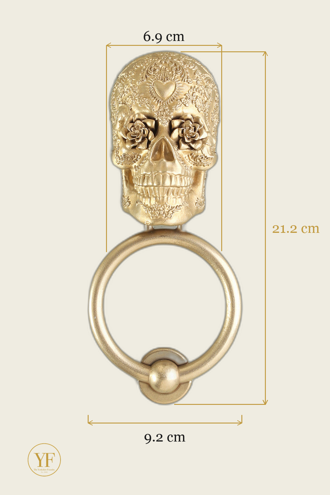 Radiant Rose Sugar Skull brass door knocker dimensions: head 6.9 cm wide, 21.2 cm overall, 9.2 cm ring