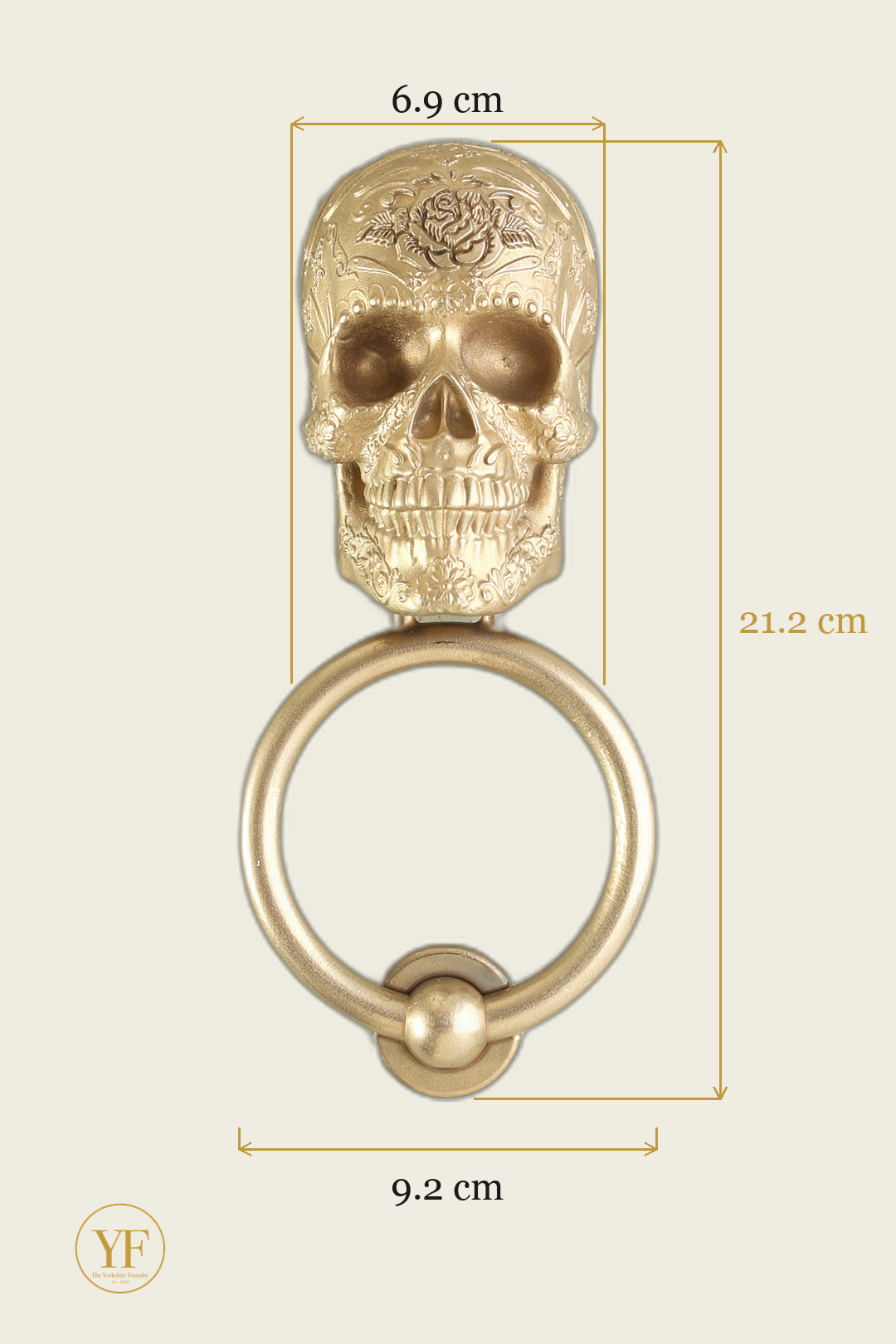 Rose Bloom Sugar Skull door knocker head dimensions: head 6.9 cm wide, 21.2 cm overall on the standard 9.2 cm ring