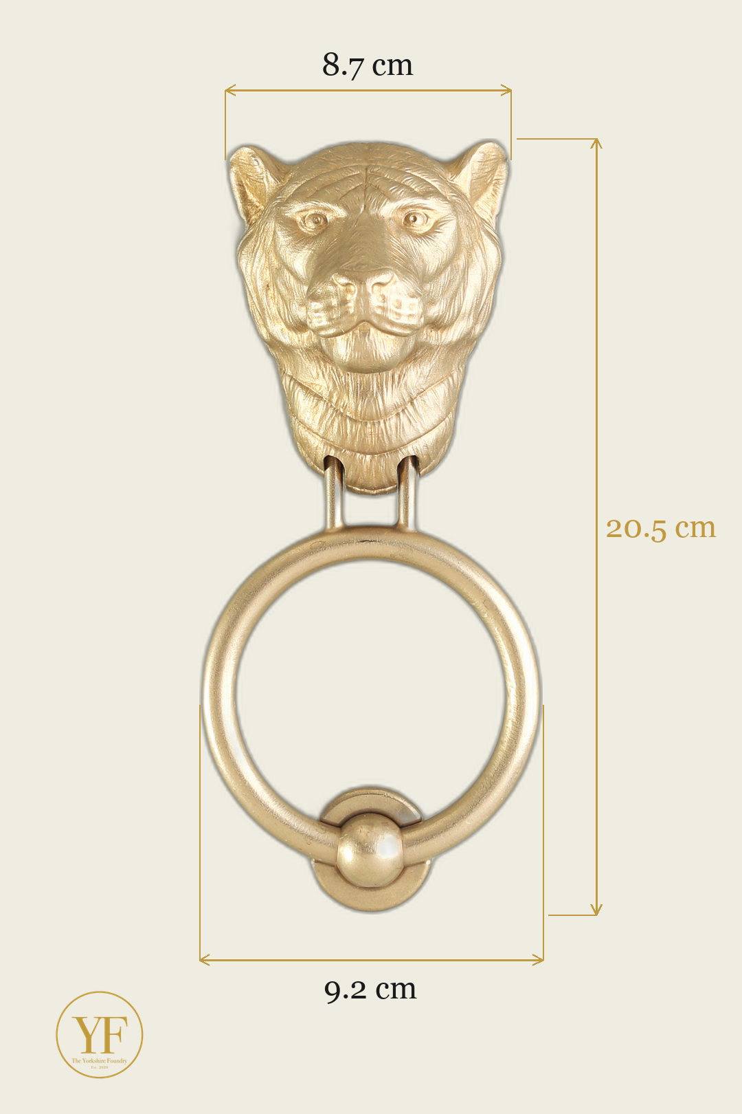 Tiger brass door knocker dimensions: head width, overall height and 9.2 cm ring