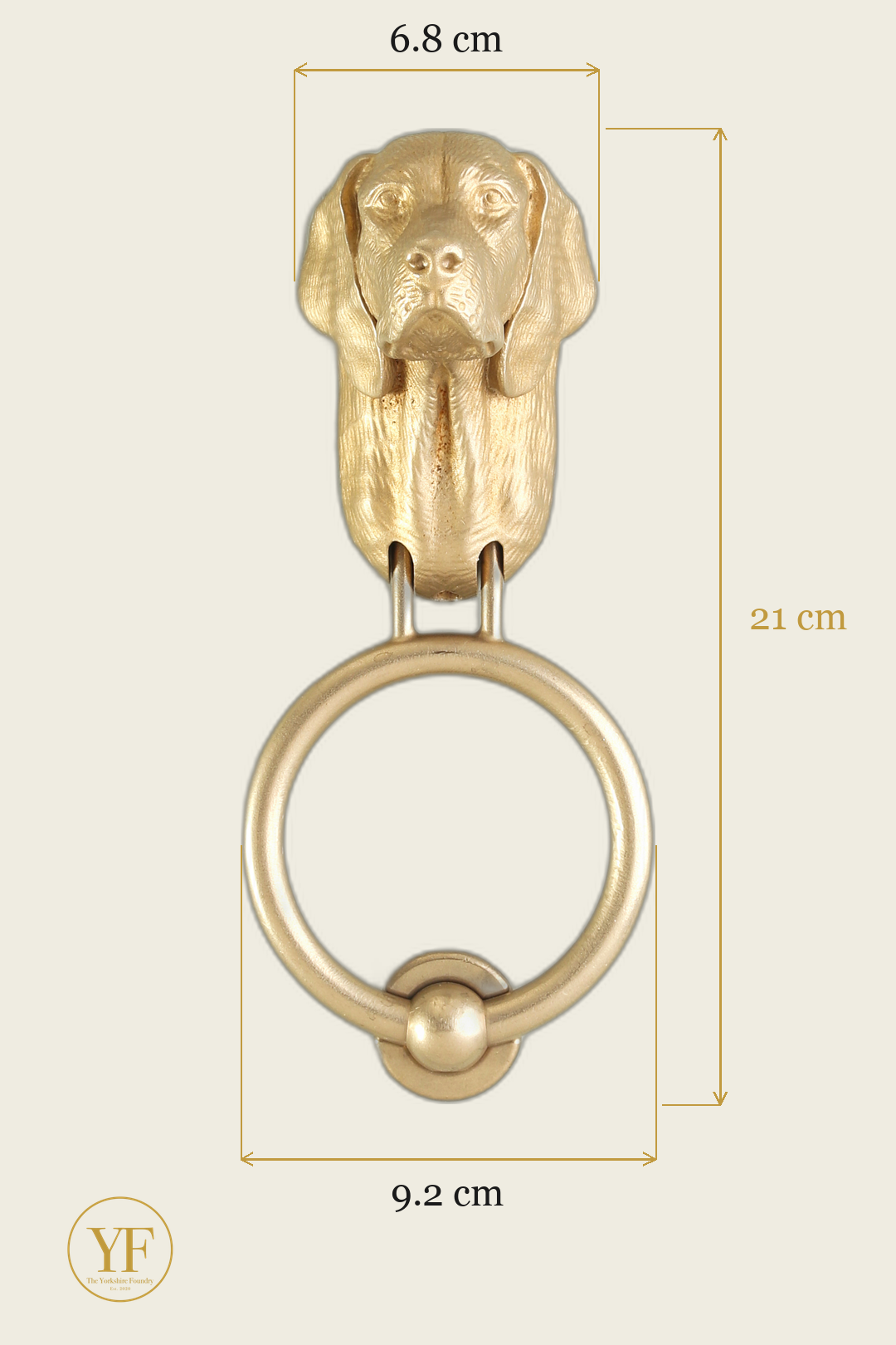 Vizsla brass door knocker dimensions: head width, overall height and 9.2 cm ring