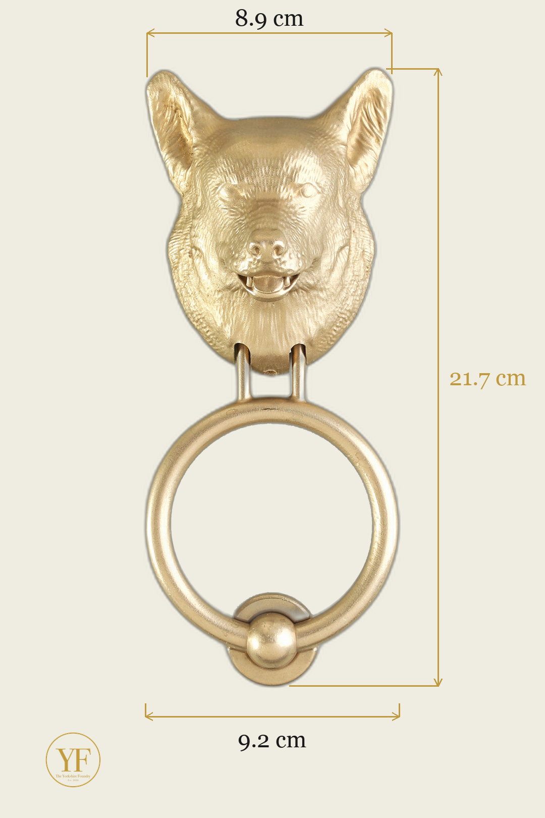 Welsh Pembrokeshire Corgi brass door knocker dimensions: head 8.9 cm wide, 21.7 cm overall, 9.2 cm ring