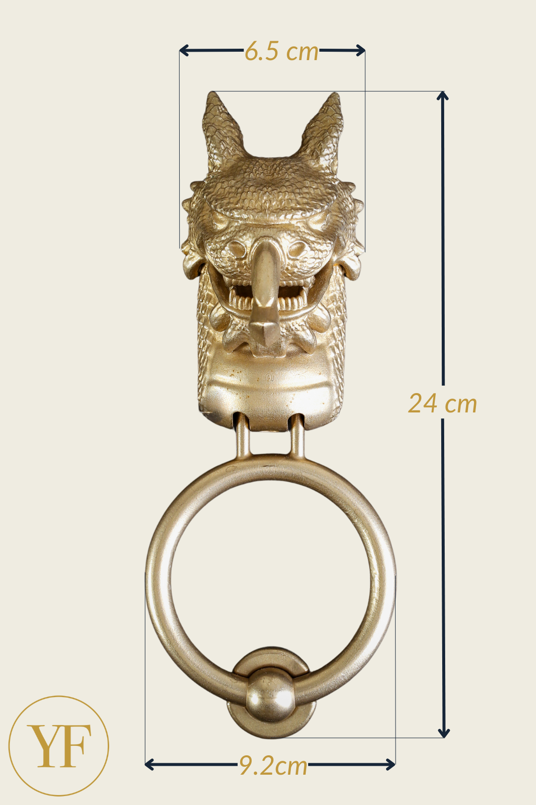 Welsh Dragon brass door knocker dimensions: head width, overall height, and 9.2 cm ring