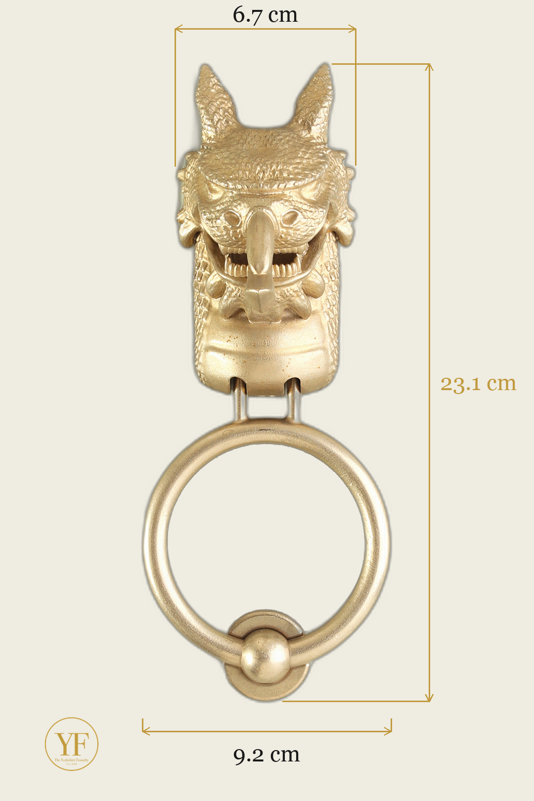 Welsh Dragon door knocker head dimensions: head 6.7 cm wide, 23.1 cm overall on the standard 9.2 cm ring