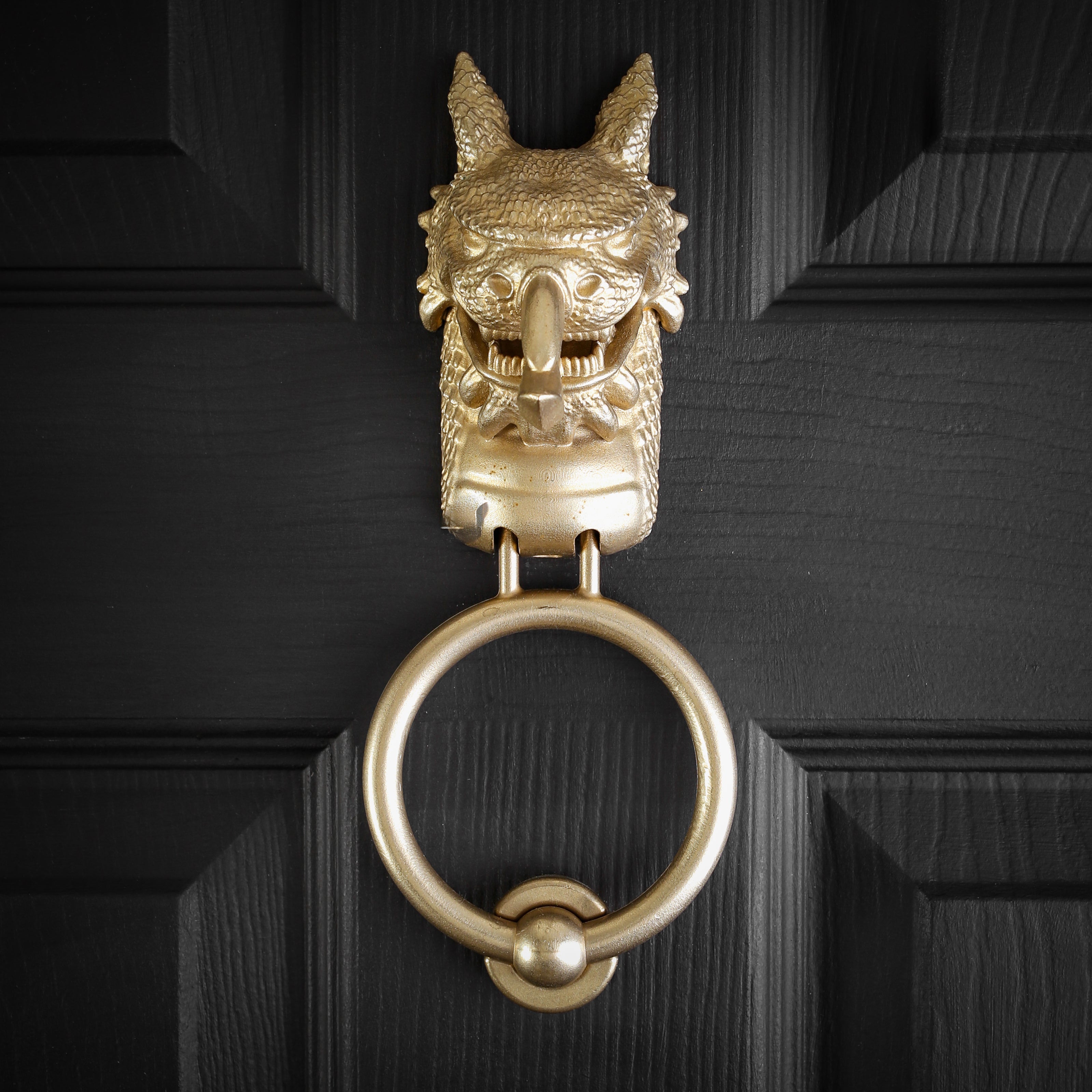Welsh Dragon brass door knocker on a black panelled door, straight on, two pointed ears above the open jaws and ring