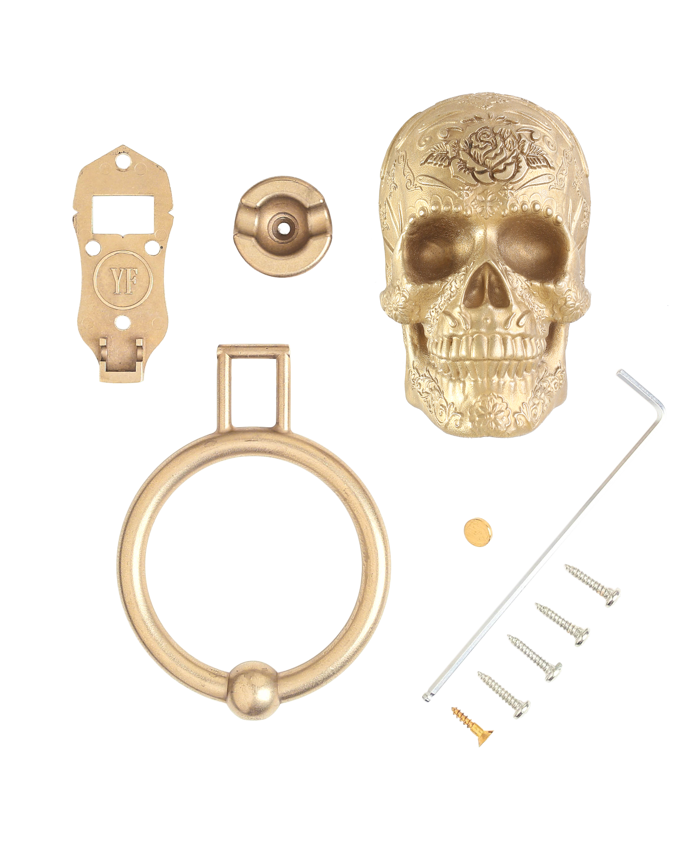 Delicate Scroll Sugar Skull Brass Door Knocker by Yorkshire Delicate Scroll Sugar Skull Brass Door Knocker by Yorkshire