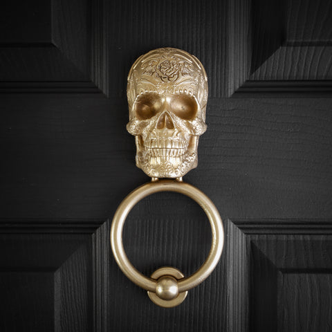 Delicate Scroll Sugar Skull Brass Door Knocker