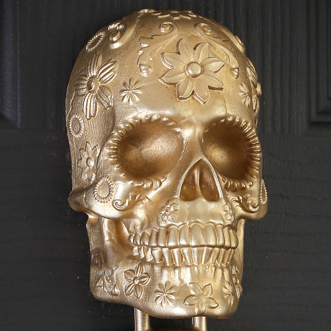 Marigold Sugar Skull Brass Door Knocker