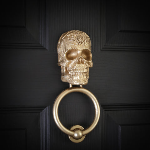 Rose Bloom Sugar Skull Brass Door Knocker