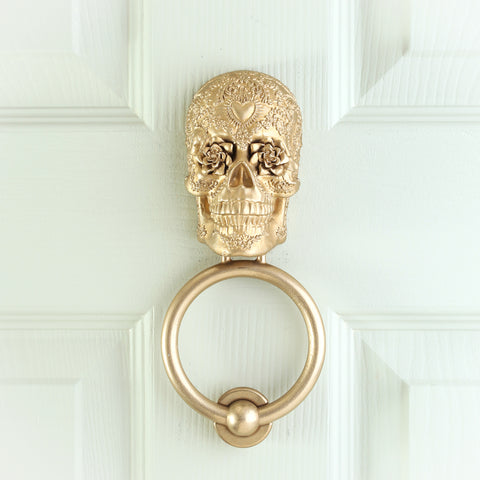Delicate Scroll Sugar Skull Brass Door Knocker
