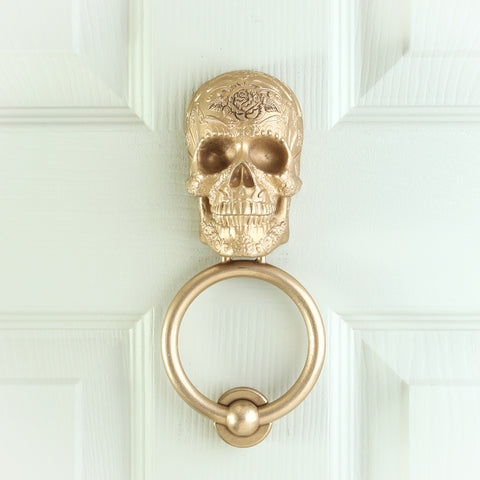 Rose Bloom Sugar Skull Brass Door Knocker