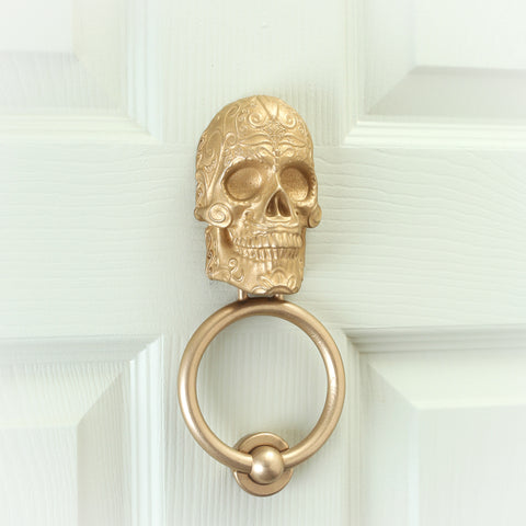 Delicate Scroll Sugar Skull Brass Door Knocker