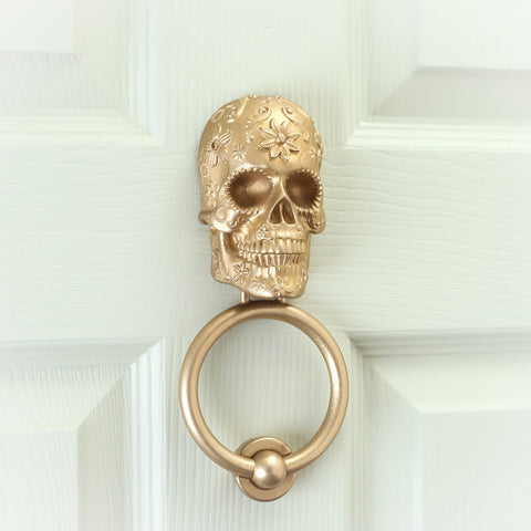 Delicate Scroll Sugar Skull Brass Door Knocker