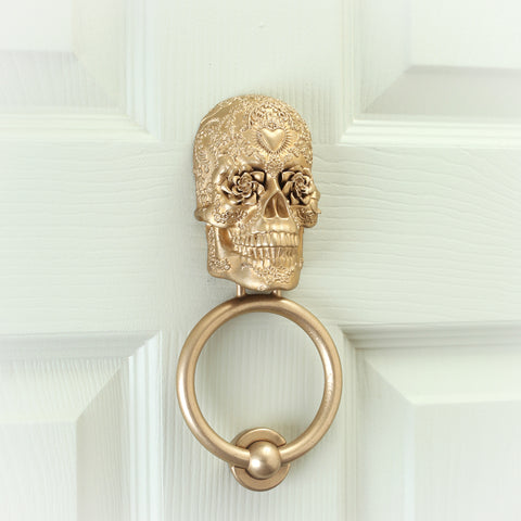 Delicate Scroll Sugar Skull Brass Door Knocker