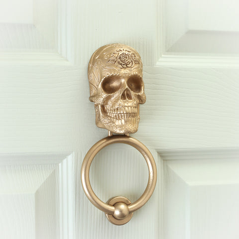 Rose Bloom Sugar Skull Brass Door Knocker