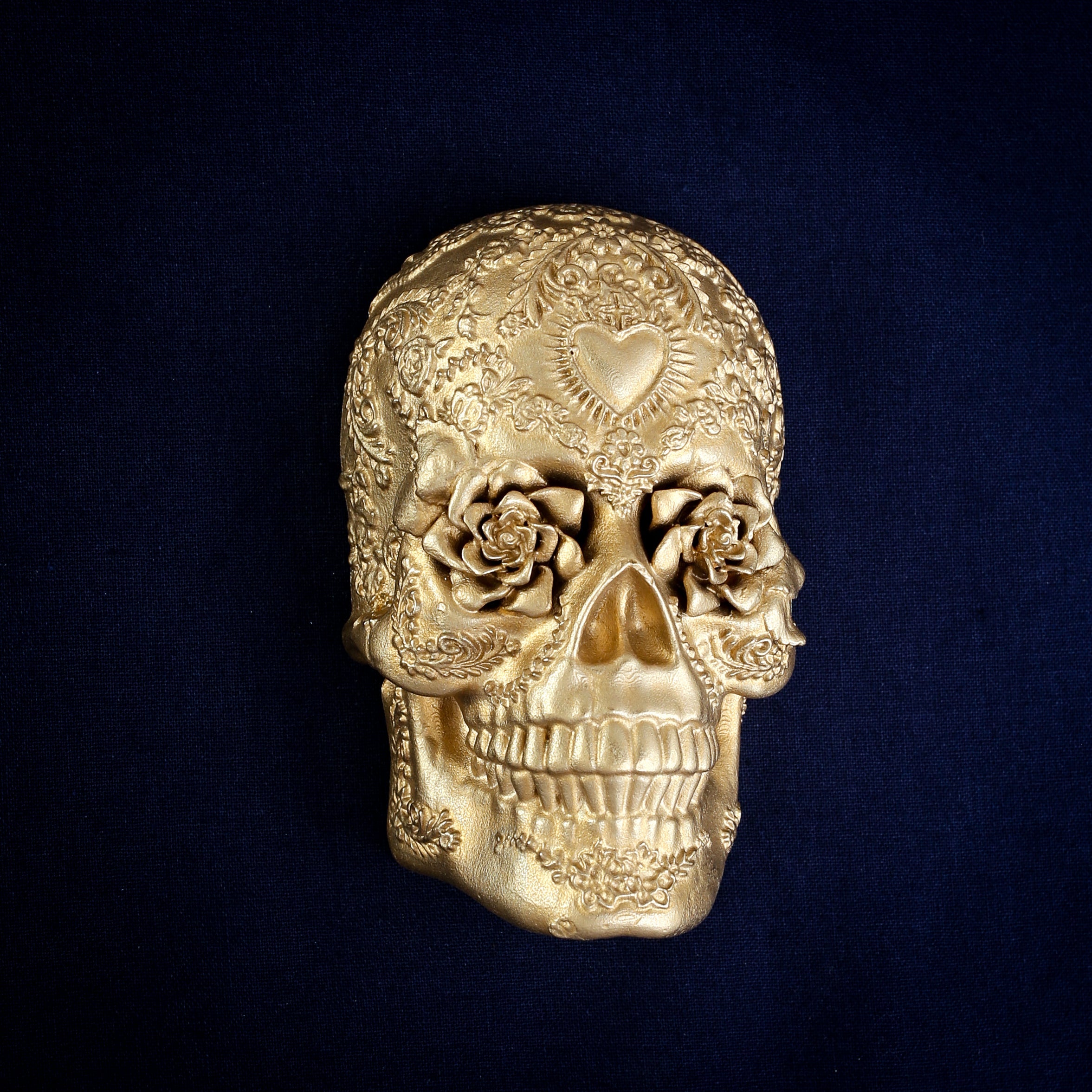 Radiant Rose sugar skull interchangeable door knocker head, roses in the eye sockets and a heart on the brow, cast in Yorkshire