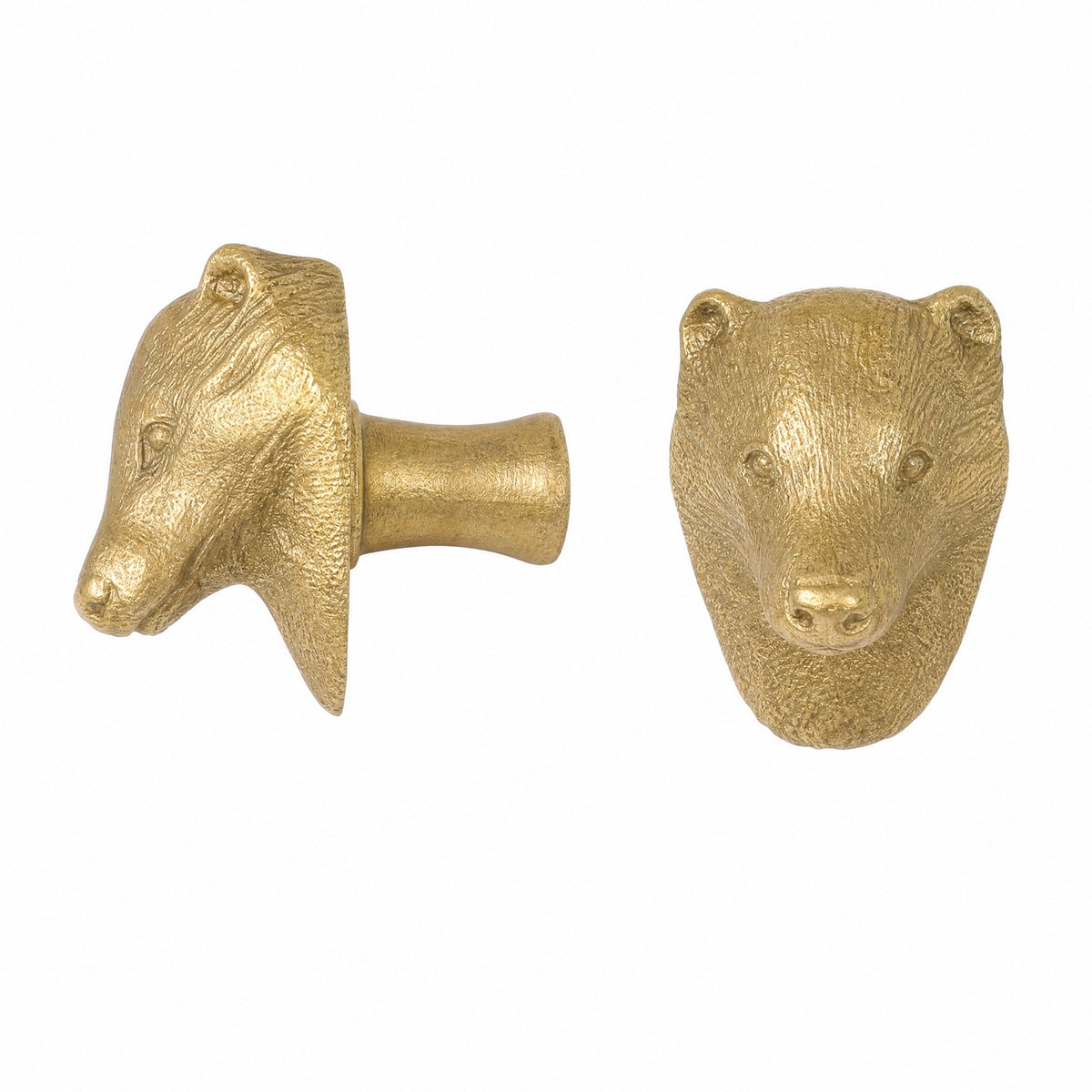 Badger brass cabinet knob and coat hook, cut out on white, one in profile showing the stem, one facing front, round ears