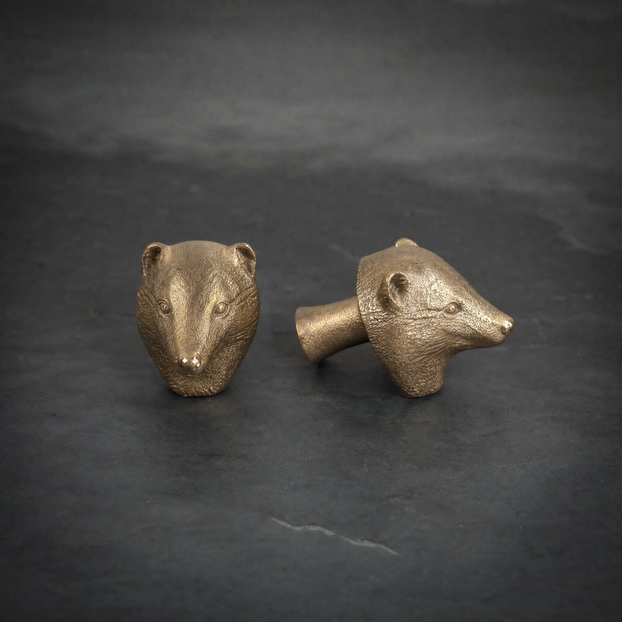 Badger brass cabinet knob and coat hook on dark slate, one facing front, one turned side on showing the stem