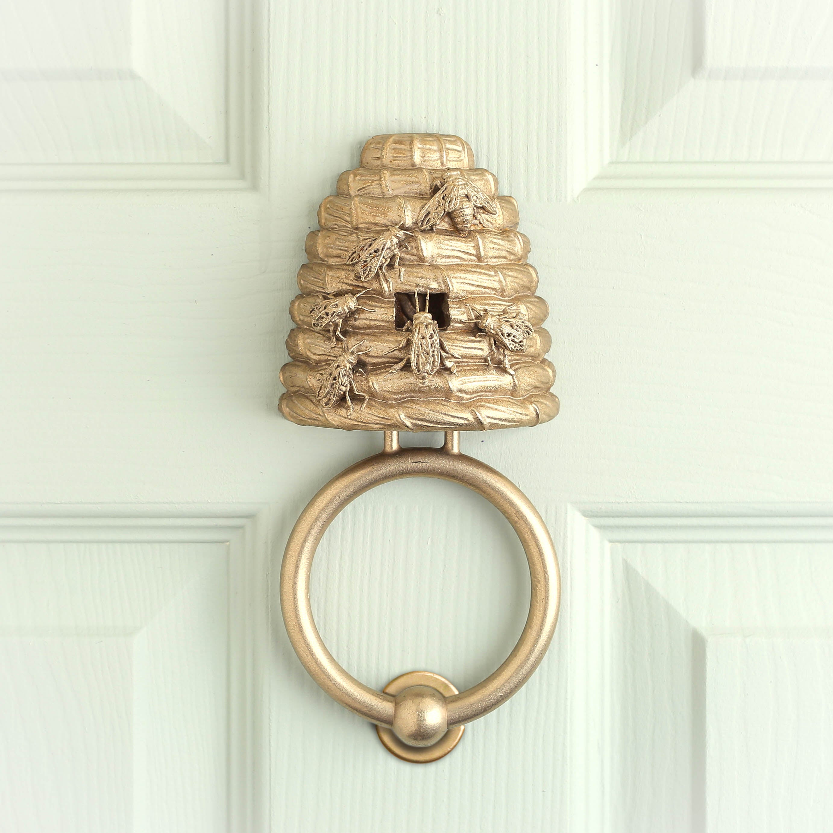 Beehive brass door knocker on a pale green panelled door, seen straight on.