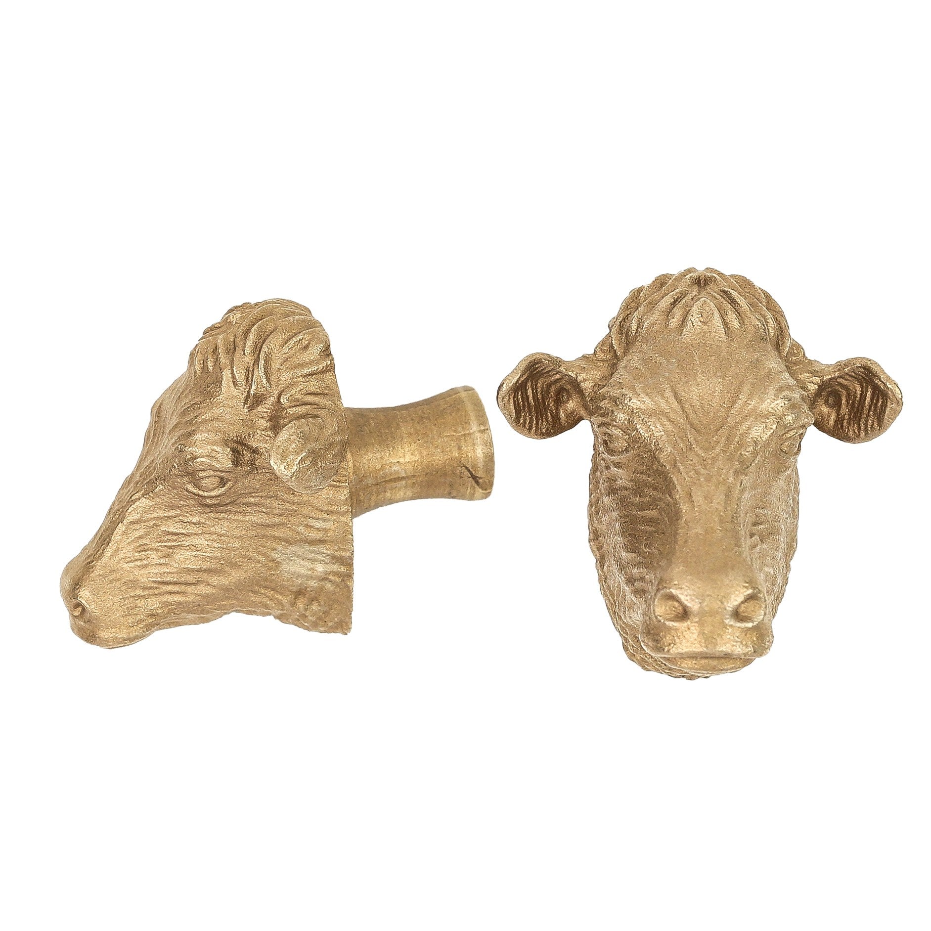 Dairy Cow brass cabinet knob and coat hook, cut out on white, one in profile, one facing front with ears out