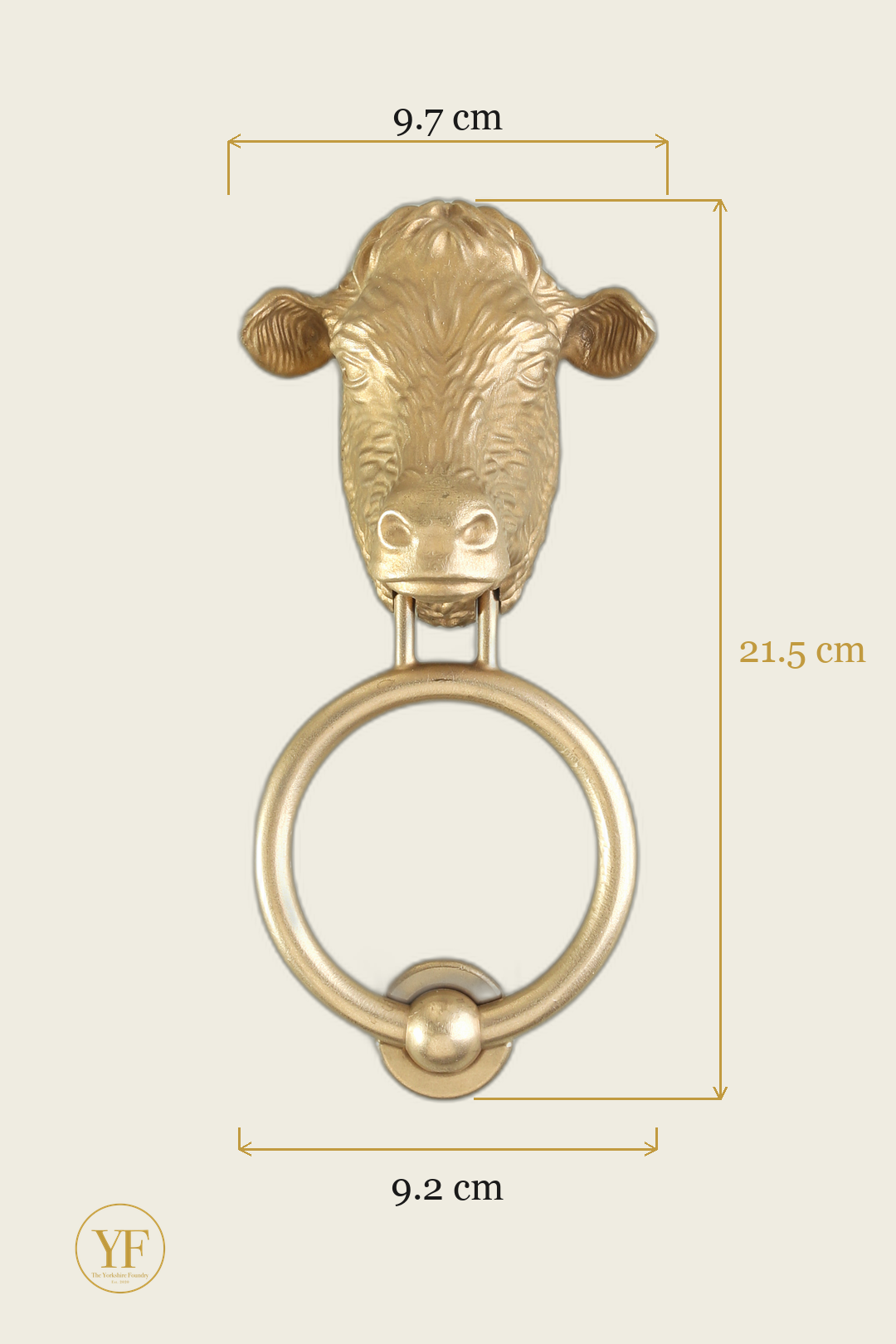 Dairy Cow door knocker dimensions: head 9.7 cm wide, 21.5 cm overall, 9.2 cm ring