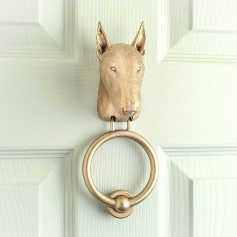 English Bull Terrier brass door knocker on a pale panelled door, head turned slightly to show the long sloping nose