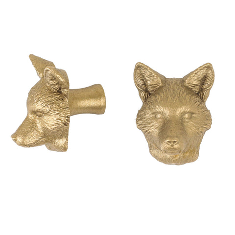 Fox brass cabinet knob and coat hook, cut out on white, one in profile, one facing front with pointed ears