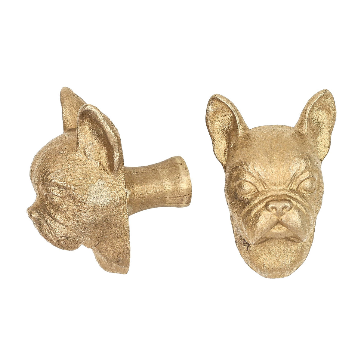 French Bulldog brass cabinet knob and coat hook, cut out on white, one in profile, one facing front with bat ears