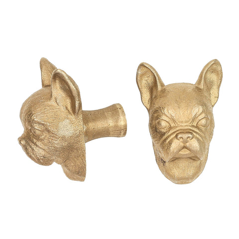 French Bulldog brass cabinet knob and coat hook, cut out on white, one in profile, one facing front with bat ears