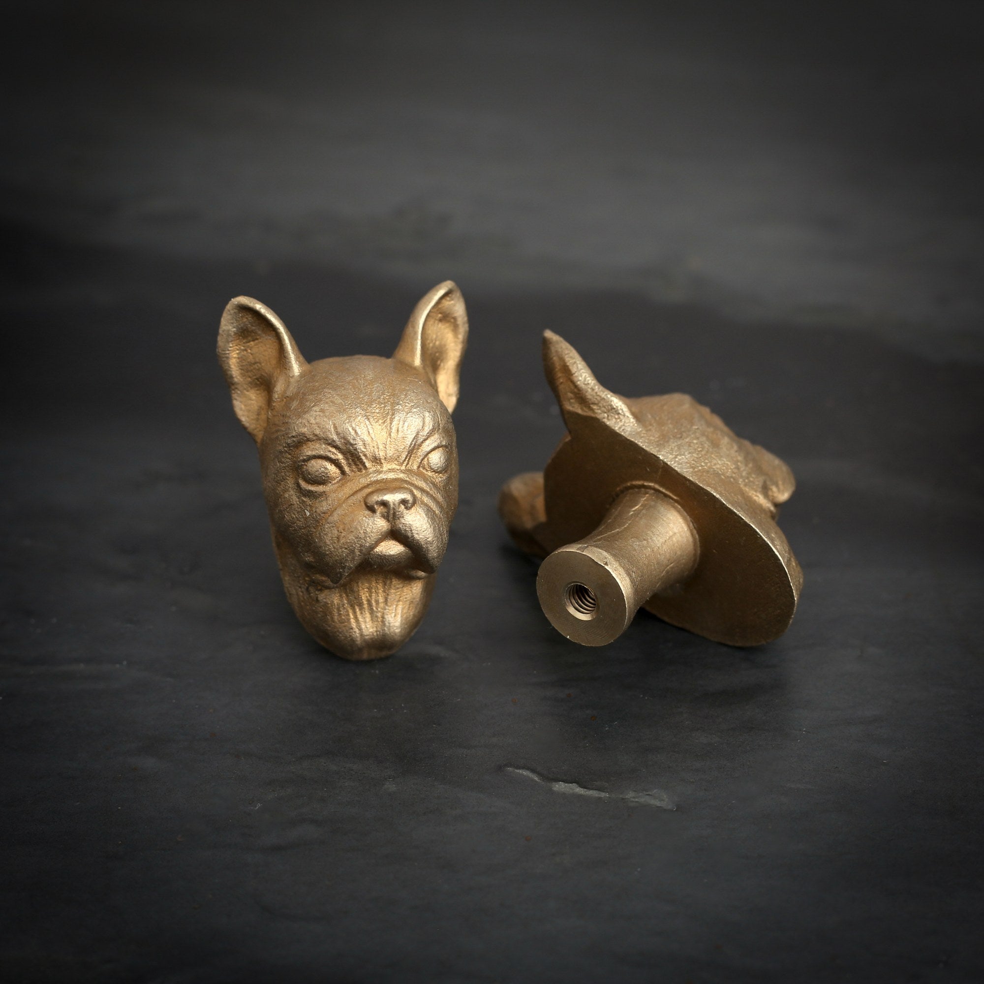 French Bulldog brass cabinet knob and coat hook on dark slate, one facing front, one turned to show the threaded back