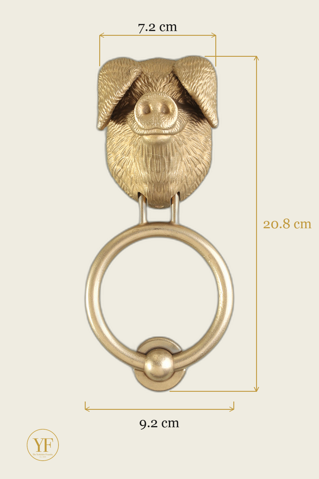 Gloucestershire Old Spot door knocker dimensions: head 7.2 cm wide, 20.8 cm overall, 9.2 cm ring