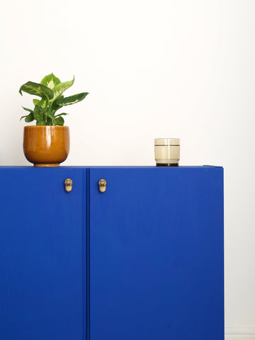 Cavapoo brass cabinet knob fitted to a wooden drawer, close detail