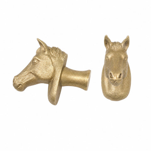 Horse brass cabinet knob and coat hook, cut out on white, one in profile showing the stem, one facing front, ears pricked