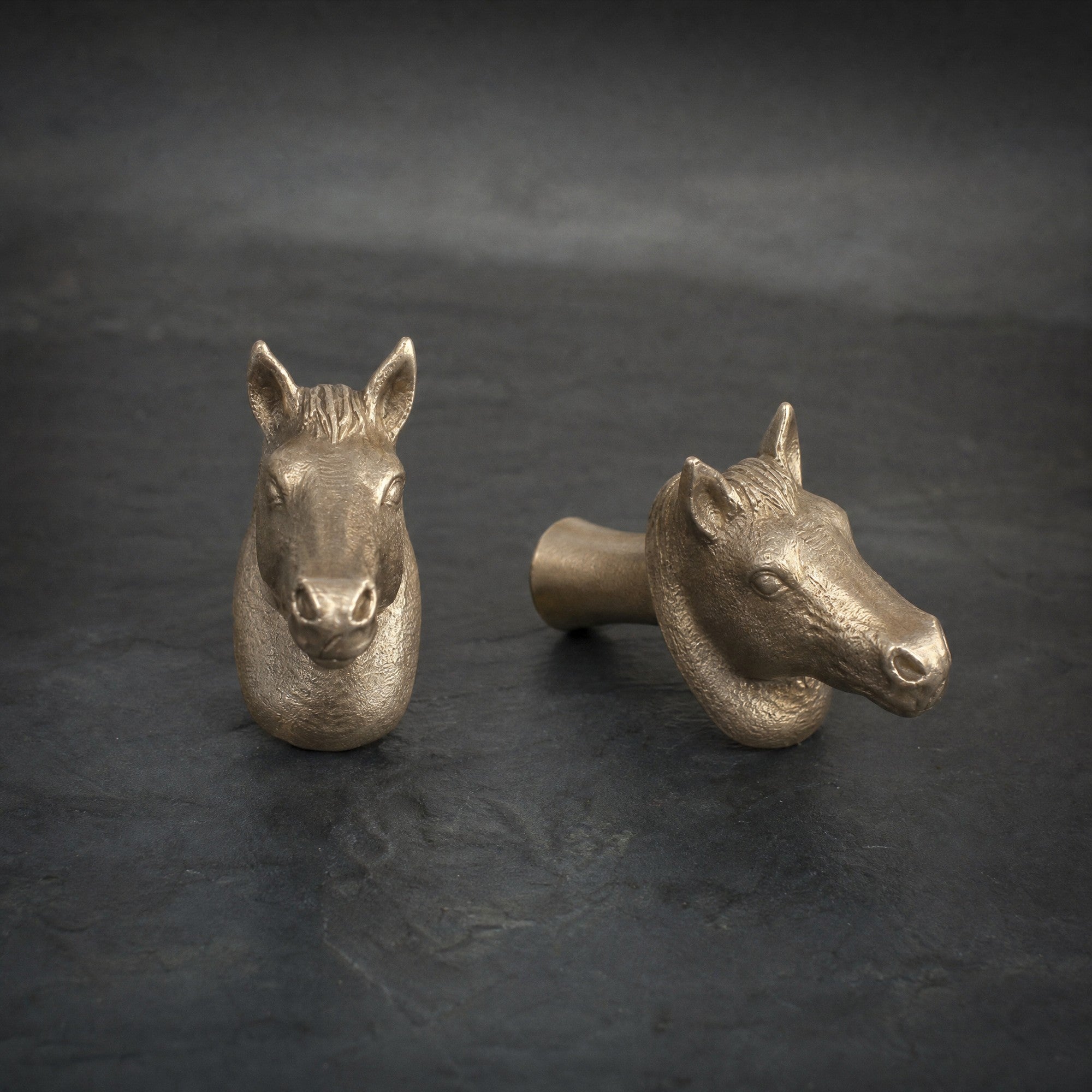 Horse brass cabinet knob and coat hook on dark slate, one facing front, one turned side on showing the stem
