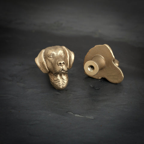 Labrador brass cabinet knob and coat hook on dark slate, one facing front, one turned to show the threaded back