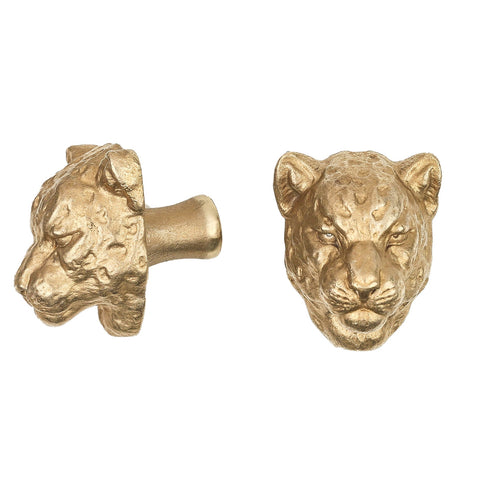 Leopard brass cabinet knob and coat hook, cut out on white, one in profile, one facing front with a spotted coat