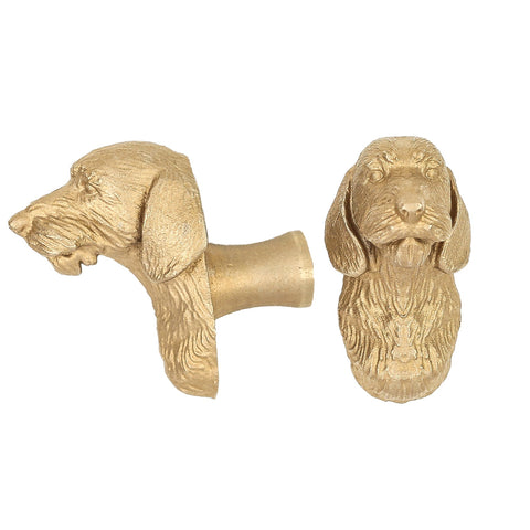 Long-Haired Dachshund brass cabinet knob and coat hook, cut out on white, one in profile, one facing front with long ears