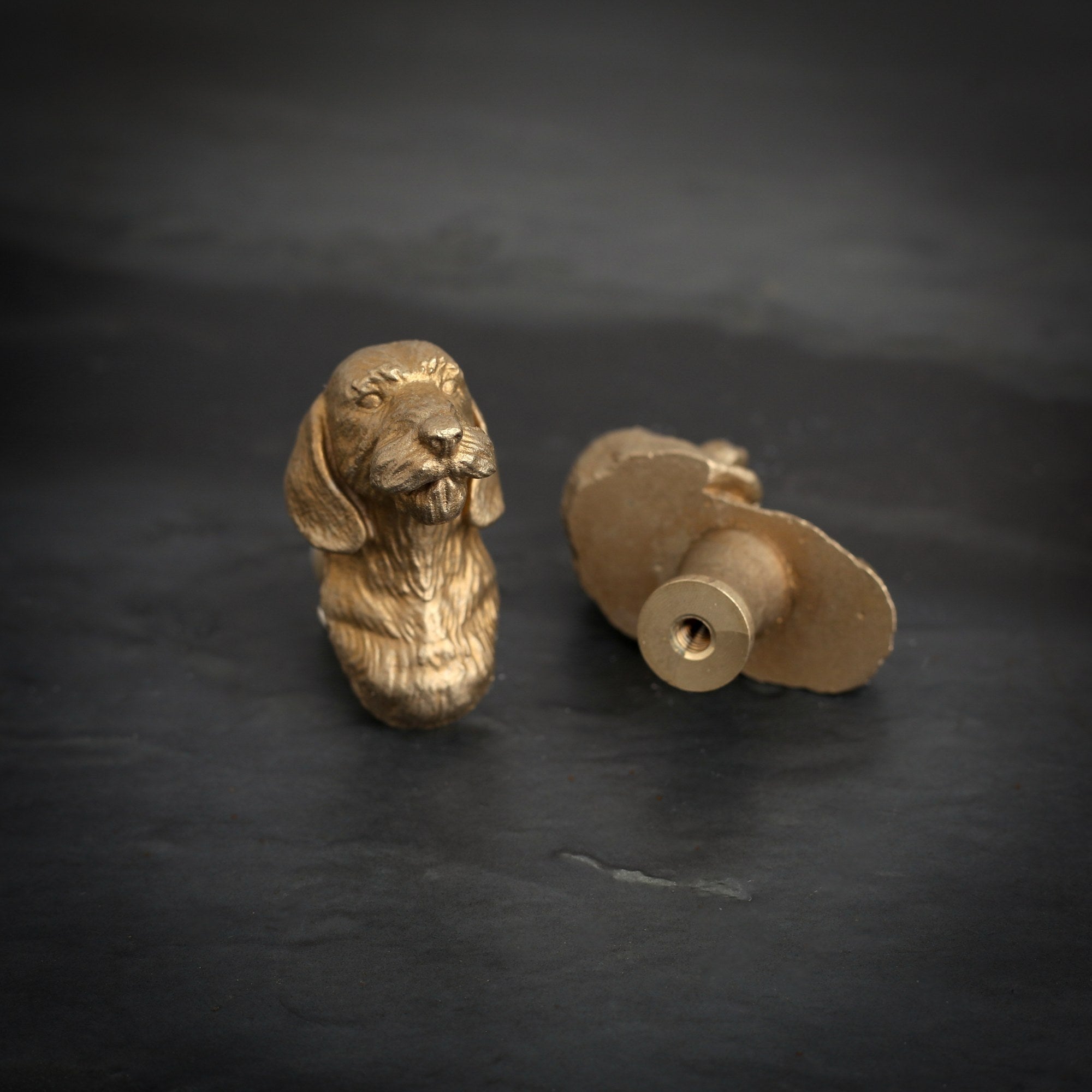 Long-Haired Dachshund brass cabinet knob and coat hook on dark slate, one facing front, one turned to show the threaded back